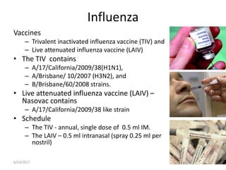 Influenza
Vaccines
– Trivalent inactivated influenza vaccine (TIV) and
– Live attenuated influenza vaccine (LAIV)
• The TIV contains
– A/17/California/2009/38(H1N1),
– A/Brisbane/ 10/2007 (H3N2), and
– B/Brisbane/60/2008 strains.
• Live attenuated influenza vaccine (LAIV) –
Nasovac contains
– A/17/California/2009/38 like strain
• Schedule
– The TIV - annual, single dose of 0.5 ml IM.
– The LAIV – 0.5 ml intranasal (spray 0.25 ml per
nostril)
6/23/2017 22
 