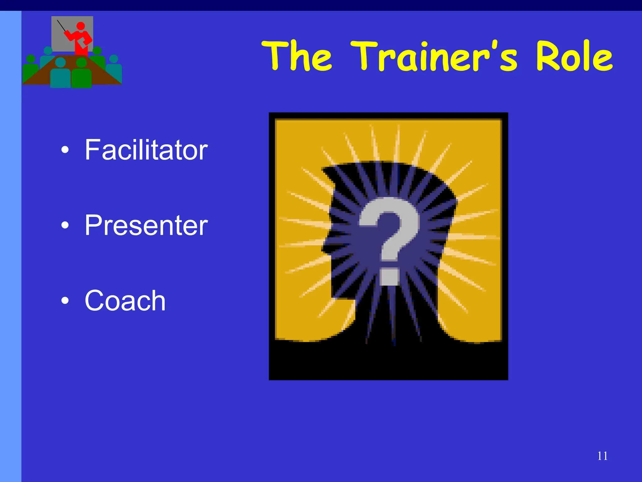 11
The Trainer’s Role
• Facilitator
• Presenter
• Coach
 