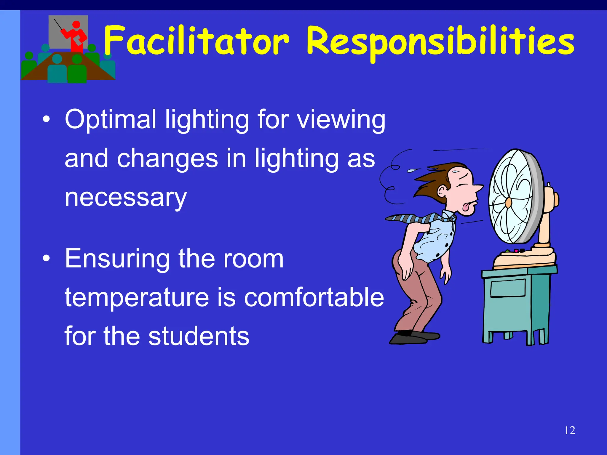 12
Facilitator Responsibilities
• Optimal lighting for viewing
and changes in lighting as
necessary
• Ensuring the room
temperature is comfortable
for the students
 