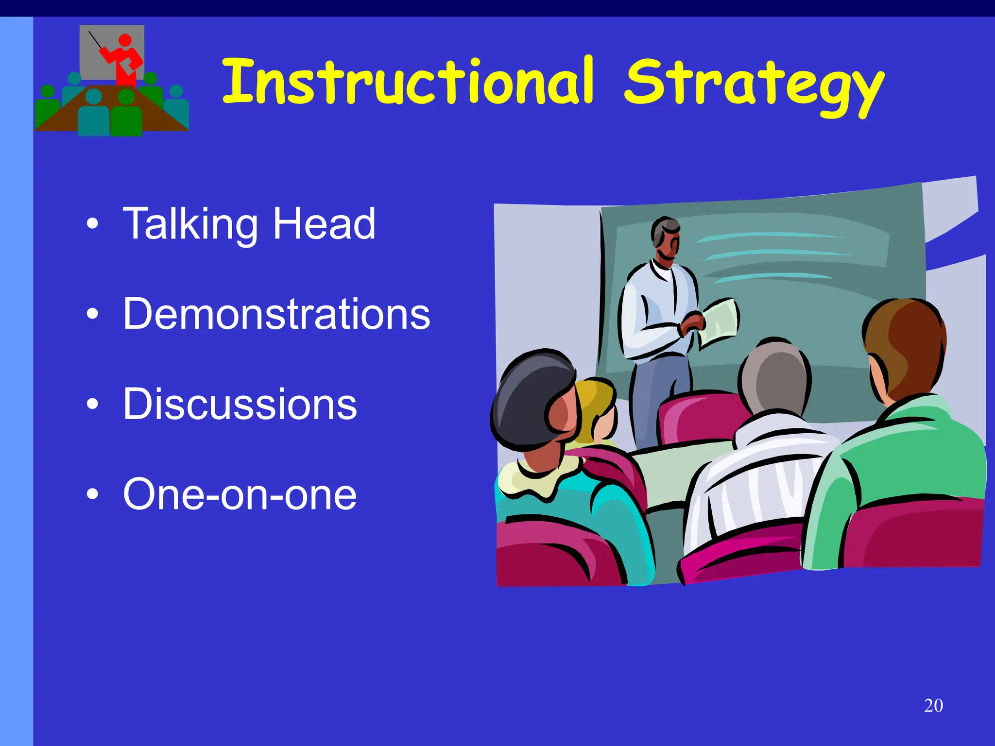 20
Instructional Strategy
• Talking Head
• Demonstrations
• Discussions
• One-on-one
 