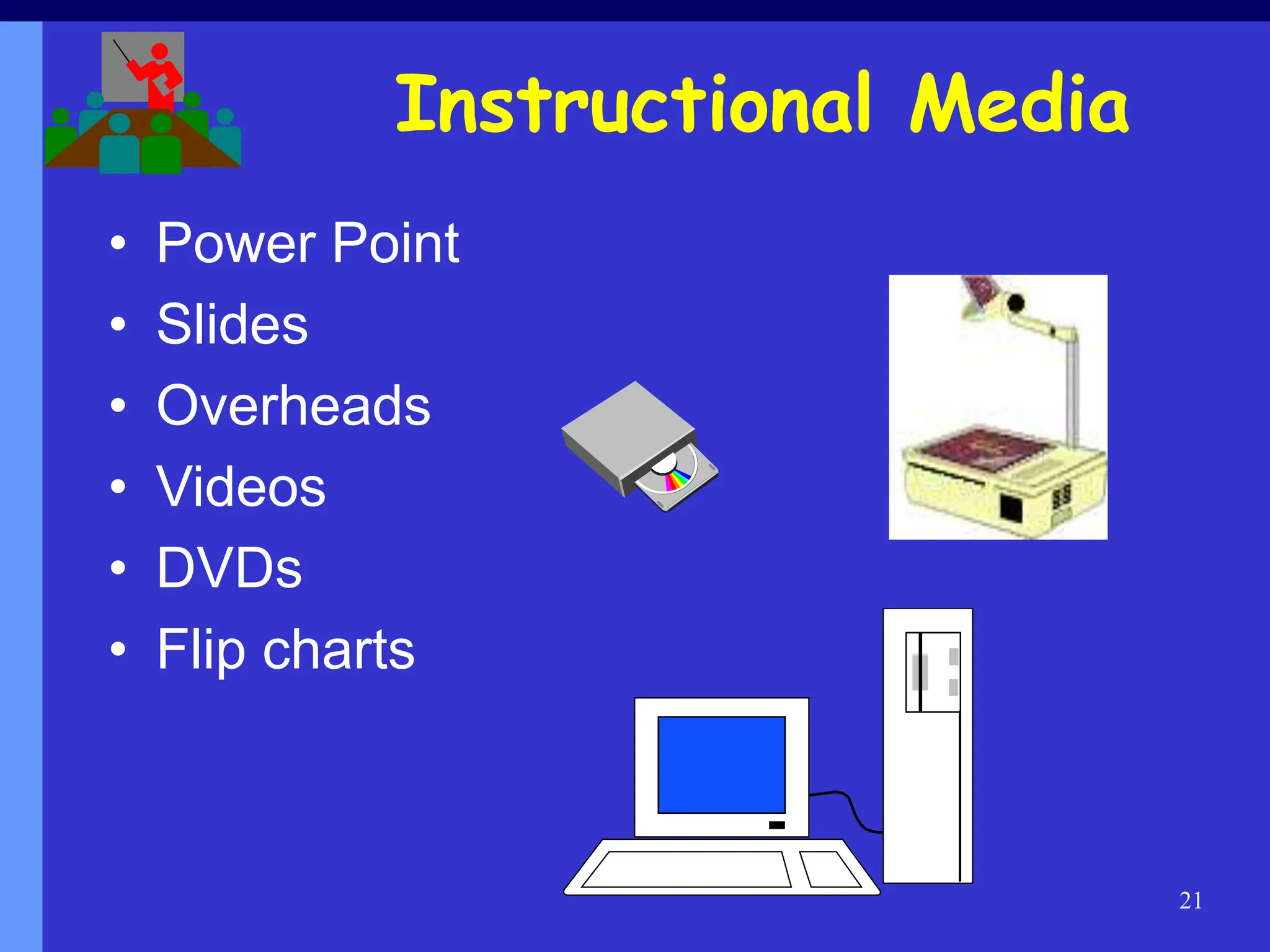 21
Instructional Media
• Power Point
• Slides
• Overheads
• Videos
• DVDs
• Flip charts
 
