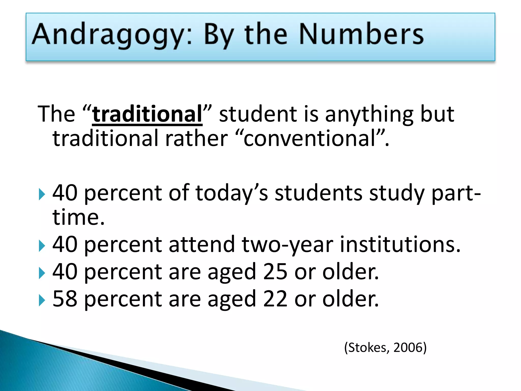 Andragogy: By the NumbersThe “traditional” student is anything but traditional rather “conventional”.40 percent of today’s students study part-time. 40 percent attend two-year institutions. 40 percent are aged 25 or older. 58 percent are aged 22 or older.(Stokes, 2006)