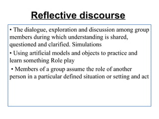Reflective discourse
• The dialogue, exploration and discussion among group
members during which understanding is shared,
questioned and clarified. Simulations
• Using artificial models and objects to practice and
learn something Role play
• Members of a group assume the role of another
person in a particular defined situation or setting and act
 