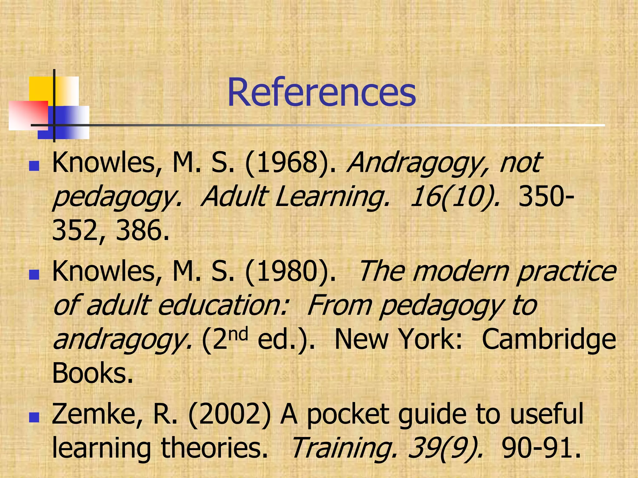 		 ReferencesKnowles, M. S. (1968). Andragogy, not pedagogy.  Adult Learning.16(10).  350-352, 386.Knowles, M. S. (1980).  The modern practice of adult education:  From pedagogy to andragogy. (2nd ed.).  New York:  Cambridge Books.Zemke, R. (2002) A pocket guide to useful learning theories.  Training. 39(9).  90-91.