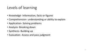 Levels of learning
• Knowledge- Information, facts or figures
• Comprehension- understanding or ability to explain
• Application- Solving problems
• Analysis- Breaking down
• Synthesis- Building up
• Evaluation- Assess and pass judgment
13
 