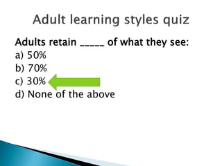 Adults retain _____ of what they see:
a) 50%
b) 70%
c) 30%
d) None of the above
 