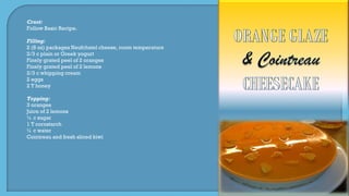 Crust:
Follow Basic Recipe.
Filling:
2 (8 oz) packages Neufchatel cheese, room temperature
2/3 c plain or Greek yogurt
Finely grated peel of 2 oranges
Finely grated peel of 2 lemons
2/3 c whipping cream
2 eggs
2 T honey
Topping:
3 oranges
Juice of 2 lemons
¼ c sugar
1 T cornstarch
¼ c water
Cointreau and fresh sliced kiwi
 