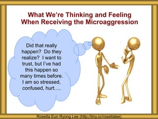 What We’re Thinking and Feeling
When Receiving the Microaggression
Rosetta Eun Ryong Lee (http://tiny.cc/rosettalee)
Did that really
happen? Do they
realize? I want to
trust, but I’ve had
this happen so
many times before.
I am so stressed,
confused, hurt….
 