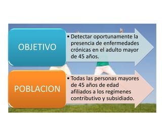 • Detectar oportunamente la 
presencia de enfermedades 
crónicas en el adulto mayor 
de 45 años. 
OBJETIVO 
• Todas las personas mayores 
de 45 años de edad 
afiliados a los regímenes 
contributivo y subsidiado. 
POBLACION 
 