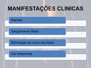 MANIFESTAÇÕES CLINICAS 
Diarréia 
Sangramento Retal 
Eliminação de muco nas fezes 
Dor Abdominal 
 