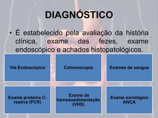 DIAGNÓSTICO 
• É estabelecido pela avaliação da história 
clínica, exame das fezes, exame 
endoscópico e achados histopatológicos. 
Via Endoscópica Colonoscopia Exames de sangue 
Exame proteína C-reativa 
(PCR) 
Exame de 
hemossedimentação 
(VHS) 
Exame sorológico 
ANCA 
 