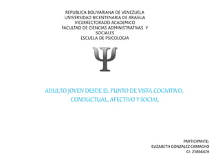 REPUBLICA BOLIVARIANA DE VENEZUELA
UNIVERSIDAD BICENTENARIA DE ARAGUA
VICERRECTORADO ACADEMICO
FACULTAD DE CIENCIAS ADMINISTRATIVAS Y
SOCIALES
ESCUELA DE PSICOLOGIA
PARTICIPANTE:
ELIZABETH GONZALEZ CAMACHO
CI: 25864426
ADULTO JOVEN DESDE EL PUNTO DE VISTA COGNITIVO,
CONDUCTUAL, AFECTIVO Y SOCIAL
 