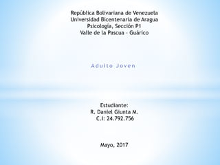 República Bolivariana de Venezuela
Universidad Bicentenaria de Aragua
Psicología, Sección P1
Valle de la Pascua – Guárico
Estudiante:
R. Daniel Giunta M.
C.I: 24.792.756
Mayo, 2017
 