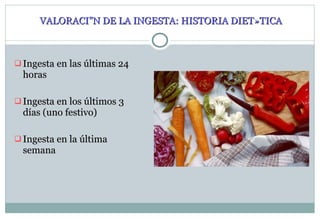 VALORACIÓN DE LA INGESTA: HISTORIA DIETÈTICA Ingesta en las últimas 24 horas Ingesta en los últimos 3 días (uno festivo) Ingesta en la última semana 