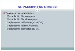 SUPLEMENTOS ORALES Tipos según su composición: Formulación dieta completa Formulación dieta incompleta Suplementos calóricos (1,2 kcal/ml) Suplementos hidrocarbonados Suplementos especiales: IR, DM  