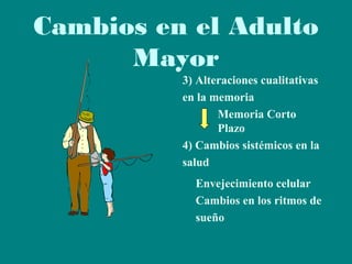 Cambios en el Adulto
Mayor
3) Alteraciones cualitativas
en la memoria
Memoria Corto
Plazo
4) Cambios sistémicos en la
salud
Envejecimiento celular
Cambios en los ritmos de
sueño

 