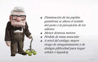 Disminución de las papilas
gustativas; se altera el sentido
del gusto o la percepción de los
sabores.
Menor destreza motora
Pérdida de masa muscular
A nivel del esófago, mayor
riesgo de atragantamiento y de
disfagia (dificultad para tragar
sólidos o líquidos)
 