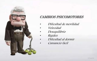 CAMBIOS PSICOMOTORES
• Dificultad de movilidad
• Velocidad
• Desequilibrio
• Rigidez
• Dificultad al dormir
• Cansancio fácil
 