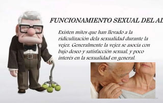 FUNCIONAMIENTO SEXUAL DEL AD
Existen mitos que han llevado a la
ridiculización dela sexualidad durante la
vejez. Generalmente la vejez se asocia con
bajo deseo y satisfacción sexual, y poco
interés en la sexualidad en general.
 