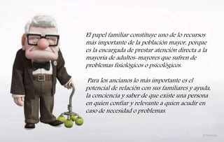 El papel familiar constituye uno de lo recursos
más importante de la población mayor, porque
es la encargada de prestar atención directa a la
mayoría de adultos-mayores que sufren de
problemas fisiológicos o psicológicos.
Para los ancianos lo más importante es el
potencial de relación con sus familiares y ayuda,
la conciencia y saber de que existe una persona
en quien confiar y relevante a quien acudir en
caso de necesidad o problemas.
 
