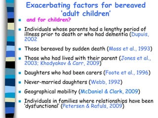 Exacerbating factors for bereaved
‘adult children’



and for children?

Individuals whose parents had a lengthy period of
illness prior to death or who had dementia (Dupuis,
2002



Those bereaved by sudden death (Moss et al., 1993)



Those who had lived with their parent (Jones et al.,
2003; Khodyakov & Carr, 2009)



Daughters who had been carers (Foote et al., 1996)



Never-married daughters (Webb, 1992)



Geographical mobility (McDaniel & Clark, 2009)



Individuals in families where relationships have been
‘dysfunctional’ (Petersen & Rafuls, 2009)

 