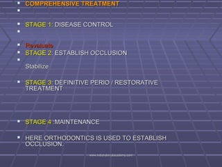  COMPREHENSIVE TREATMENT

 STAGE 1: DISEASE CONTROL

 Revaluate
 STAGE 2: ESTABLISH OCCLUSION

Stabilize

 STAGE 3...