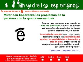 Su segunda letra es la

y así es cómo se pronuncia:

Mirar con Esperanza los problemas de la
persona con la que te encuentras
Sólo se mira con esperanza cuando se
mira con el corazón. Sólo así se pueden
ver pequeños signos de vida en lo que
parecía estar muerto, sin salida.
La mirada del corazón (amor comprometido)
descubre siempre las potencialidades
ocultas, las posibilidades a desarrollar y
cree en ellas; entonces uno se
compromete en hacer realidad aquello
que vemos como posible.
“Talitha qum... Levántate.” (Mc 5,41)

Marca con una cruz tu nivel de
pronunciación de esta vocal:

Es decir, ¿en qué medida “miras” como aquí se dice?

alto

medio

bajo

nulo

 