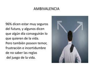 AMBIVALENCIA
96% dicen estar muy seguros
del futuro, y algunos dicen
que algún día conseguirán lo
que quieren de la vida.
Pero también poseen temor,
frustración e incertidumbre
de no saber las reglas
del juego de la vida.
 