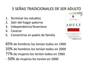 5 SEÑAS TRADICIONALES DE SER ADULTO
1. Terminar los estudios
2. Salir del hogar paterno
3. Independencia financiera
4. Casarse
5. Convertirse en padre de familia
65% de hombres los tenían todos en 1960
33% de hombres los tenían todos en 2000
77% de mujeres los tenían todos en 1960
- 50% de mujeres los tenían en 2000
 