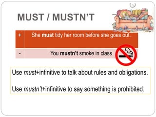 MUST / MUSTN’T
+ She must tidy her room before she goes out.
- You mustn’t smoke in class
Use must+infinitive to talk about rules and obligations.
Use mustn’t+infinitive to say something is prohibited.
 