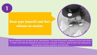 Know your tamariki and their
whanau on session.
1
Great sessions are all about great relationships. The best Playcentre sessions are the ones where
a visitor can’t tell who belongs to who, because everyone is whānau. Get to know new tamariki by
learning their names, passions and interests.
-
 