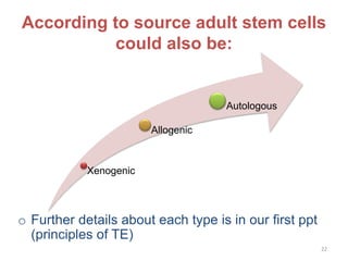 According to source adult stem cells
could also be:
22
o Further details about each type is in our first ppt
(principles of TE)
Xenogenic
Allogenic
Autologous
 