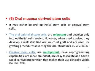  (6) Oral mucosa derived stem cells
• It may either be oral epithelial stem cells or gingival stem
cells.
• The oral epithelial stem cells; are unipotent and develop only
into epithelial cells in-vivo. However, when used ex-vivo, they
develop a well stratified oral mucosal graft and are used for
grafting procedures involving the oral structures (Paz et al., 2018).
• Gingival stem cells; are multipotent, have reprogramming
capabilities, are more abundant, are easy to isolate and have a
rapid ex-vivo proliferation that makes their use clinically viable
(Paz et al., 2018).
46
 