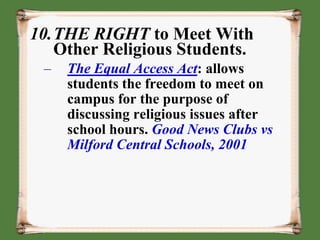 Ruled that a state cannot require the Lord’s Prayer and reading of Scripture in public school classrooms.CHURCH AND STATEIn 1968, Supreme Court decision in Eperson v. Arkansas,The Court held that a state cannot prohibit the teaching of evolution in public school without violating the Establishment Clause of the 1st AmendmentIn 1980, Supreme Court decision in Stone v. Graham,The Court struck down a state law requiring posting of the Ten Commandmentsinpublic school classrooms.CHURCH AND STATETop Problems In School Before/After School Prayer Was RemovedSchools After 62/63Vulgar languageRapeMurderRobberySuicideAssaultAbsenteeism/TruancyShootings/BombingsBurglaryVandalism Arson Parents lyingSchools prior 1962/63TalkingChewing gumMaking noiseRunning in the hallsGetting out of turn in lineMaking paper airplanes and throwing in classNot putting paper in wastebasketsSpit wads