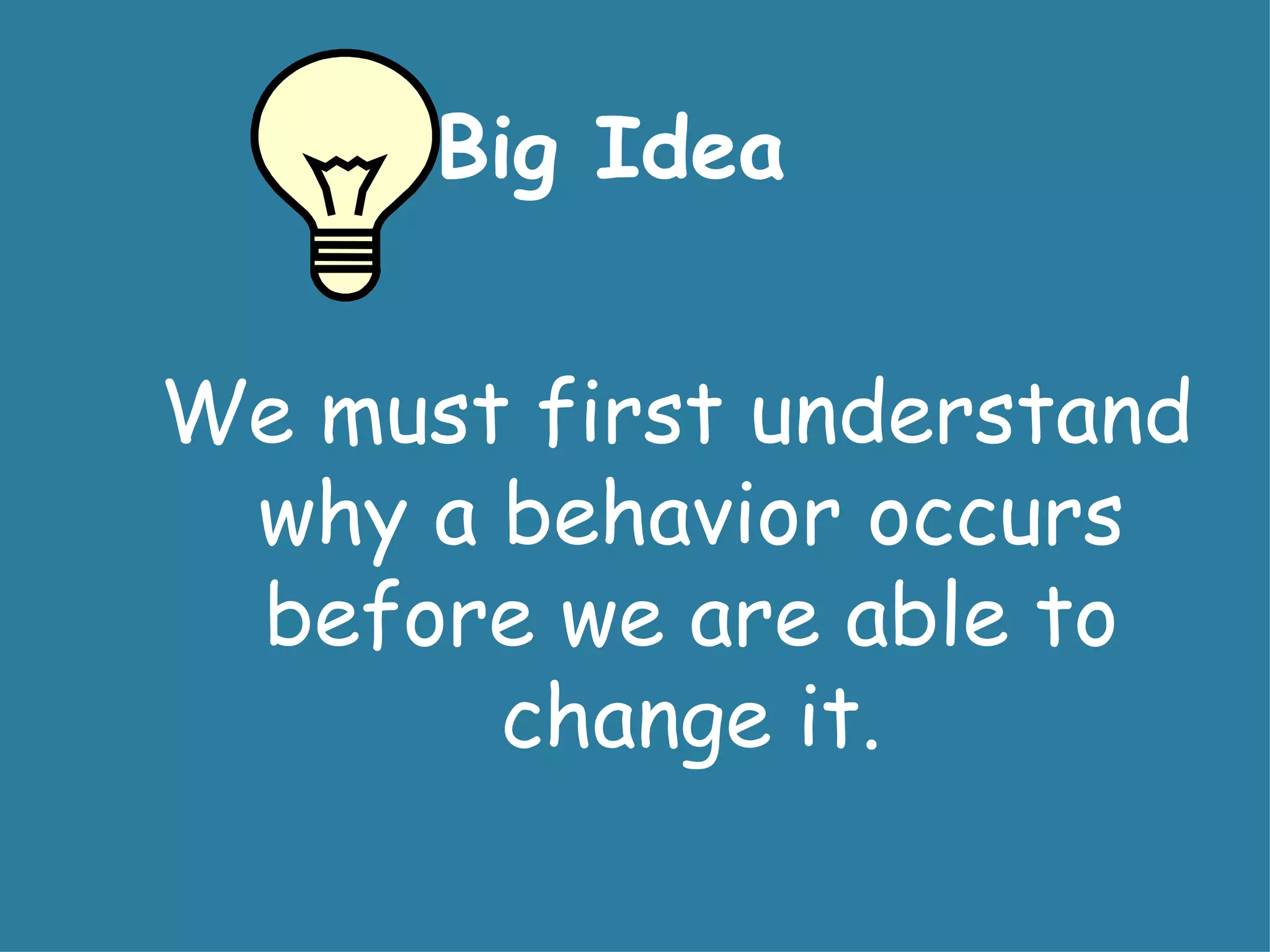 Big Idea


We must first understand
 why a behavior occurs
 before we are able to
       change it.
 