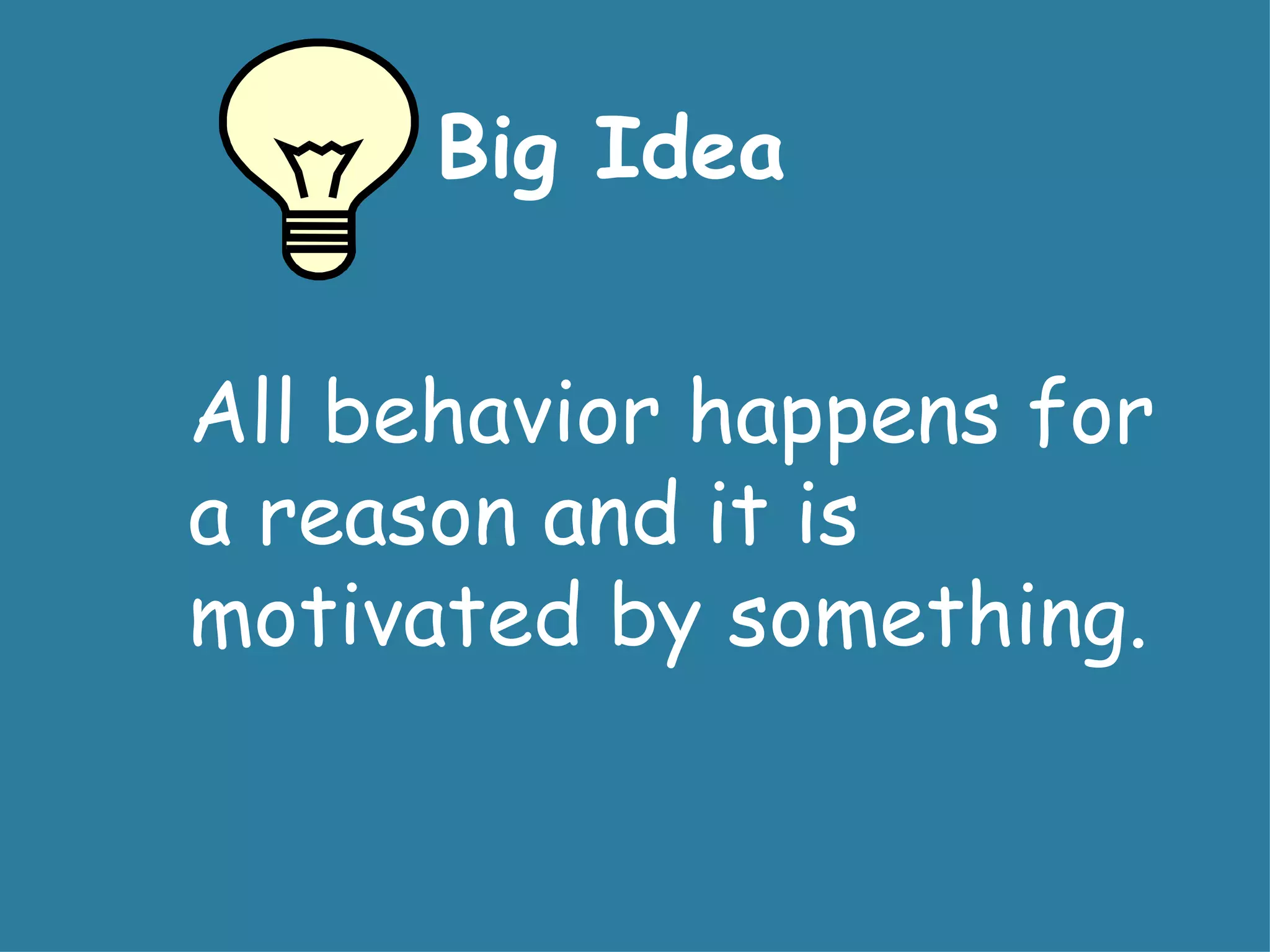 Big Idea


All behavior happens for
a reason and it is
motivated by something.
 