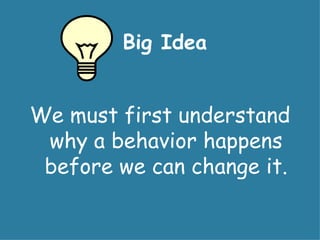Big Idea


We must first understand
 why a behavior happens
 before we can change it.
 