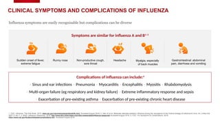 CLINICAL SYMPTOMS AND COMPLICATIONS OF INFLUENZA
1. CDC. Influenza. The Pink Book. 2015. www.cdc.gov/vaccines/pubs/pinkbook/flu.html. Accessed August 2018; 2. Hite LK et al. Medically attended pediatric influenza during the resurgence of the Victoria lineage of influenza B virus. Int J Infect Dis
2007;11:40–7; 3. WHO. Influenza (Seasonal). 2018. http://www.who.int/en/news-room/fact-sheets/detail/influenza-(seasonal) Accessed August 2018; 4. CDC. Flu Symptoms & Complications. 2018.
https://www.cdc.gov/flu/about/disease/complications.htm. Accessed August 2018.
Myalgia, especially
of back muscles
Runny nose Gastrointestinal: abdominal
pain, diarrhoea and vomiting
Sudden onset of fever,
extreme fatigue
Headache
Non-productive cough,
sore throat
Complications of influenza can include:4
• Sinus and ear infections • Pneumonia • Myocarditis • Encephalitis • Myositis • Rhabdomyolysis
• Multi organ failure (eg respiratory and kidney failure)
‑ • Extreme inflammatory response and sepsis
• Exacerbation of pre-existing asthma • Exacerbation of pre-existing chronic heart disease
Symptoms are similar for influenza A and B1–3
Influenza symptoms are easily recognisable but complications can be diverse
 