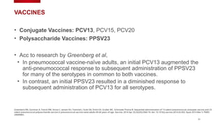 31
VACCINES
• Conjugate Vaccines: PCV13, PCV15, PCV20
• Polysaccharide Vaccines: PPSV23
• Acc to research by Greenberg et al,
• In pneumococcal vaccine-naïve adults, an initial PCV13 augmented the
anti-pneumococcal response to subsequent administration of PPSV23
for many of the serotypes in common to both vaccines.
• In contrast, an initial PPSV23 resulted in a diminished response to
subsequent administration of PCV13 for all serotypes.
Greenberg RN, Gurtman A, Frenck RW, Strout C, Jansen KU, Trammel J, Scott DA, Emini EA, Gruber WC, Schmoele-Thoma B. Sequential administration of 13-valent pneumococcal conjugate vaccine and 23-
valent pneumococcal polysaccharide vaccine in pneumococcal vaccine-naïve adults 60-64 years of age. Vaccine. 2014 Apr 25;32(20):2364-74. doi: 10.1016/j.vaccine.2014.02.002. Epub 2014 Mar 5. PMID:
24606865.
 