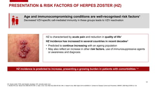PRESENTATION & RISK FACTORS OF HERPES ZOSTER (HZ)
HZ incidence is predicted to increase, presenting a growing burden in patients with comorbidities 3,4
42
HZ, herpes zoster; PHN, post-herpetic neuralgia; VZV, varicella zoster virus
1. Mueller NH et al. Neurol Clin 2008;26:675–697; 2. Katz J et al. Clin Infect Dis 2004;39:342–348; 3. Kawai K et al. BMJ Open 2014;4:e004833 4. Centers for Disease Control and Prevention. MMWR. 2008 May;57(RR-5):1-30
Age and immunocompromising conditions are well-recognised risk factors1
Decreased VZV-specific cell-mediated immunity in these groups leads to VZV reactivation
HZ is characterised by acute pain and reduction in quality of life2
HZ incidence has increased in several countries in recent decades3
• Predicted to continue increasing with an ageing population
• May also reflect an increase in other risk factors, use of immunosuppressive agents
or awareness and diagnosis
 