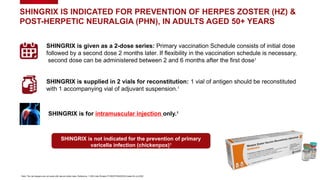 SHINGRIX IS INDICATED FOR PREVENTION OF HERPES ZOSTER (HZ) &
POST-HERPETIC NEURALGIA (PHN), IN ADULTS AGED 50+ YEARS
SHINGRIX is supplied in 2 vials for reconstitution: 1 vial of antigen should be reconstituted
with 1 accompanying vial of adjuvant suspension.1
SHINGRIX is for intramuscular injection only.1
SHINGRIX is given as a 2-dose series: Primary vaccination Schedule consists of initial dose
followed by a second dose 2 months later. If flexibility in the vaccination schedule is necessary,
second dose can be administered between 2 and 6 months after the first dose1
Note: The vial stoppers are not made with natural rubber latex. Reference: 1 GSK India Shingrix PI SNX/PI/IN/2022/03 dated 04-Jul-2022
SHINGRIX is not indicated for the prevention of primary
varicella infection (chickenpox)1
 