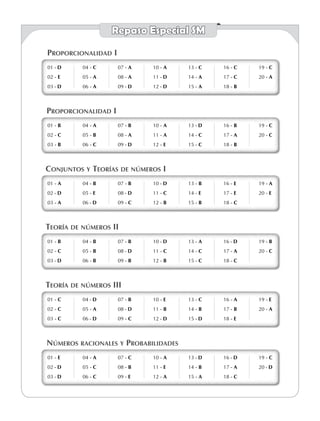 Repaso Especial SM
01 - D
02 - E
03 - D
04 - C
05 - A
06 - A
07 - A
08 - A
09 - D
10 - A
11 - D
12 - D
13 - C
14 - A
15 - A
16 - C
17 - C
18 - B
19 - C
20 - A
01 - D
02 - E
03 - D
04 - C
05 - A
06 - A
07 - A
08 - A
09 - D
10 - A
11 - D
12 - D
13 - C
14 - A
15 - A
16 - C
17 - C
18 - B
19 - C
20 - A
Proporcionalidad I
01 - B
02 - C
03 - B
04 - A
05 - B
06 - C
07 - B
08 - A
09 - D
10 - A
11 - A
12 - E
13 - D
14 - C
15 - C
16 - B
17 - A
18 - B
19 - C
20 - C
01 - B
02 - C
03 - B
04 - A
05 - B
06 - C
07 - B
08 - A
09 - D
10 - A
11 - A
12 - E
13 - D
14 - C
15 - C
16 - B
17 - A
18 - B
19 - C
20 - C
Proporcionalidad I
01 - A
02 - D
03 - A
04 - B
05 - E
06 - D
07 - B
08 - D
09 - C
10 - D
11 - C
12 - B
13 - B
14 - E
15 - B
16 - E
17 - E
18 - C
19 - A
20 - E
01 - A
02 - D
03 - A
04 - B
05 - E
06 - D
07 - B
08 - D
09 - C
10 - D
11 - C
12 - B
13 - B
14 - E
15 - B
16 - E
17 - E
18 - C
19 - A
20 - E
Conjuntos y Teorías de números I
01 - B
02 - C
03 - D
04 - B
05 - B
06 - B
07 - B
08 - D
09 - B
10 - D
11 - C
12 - B
13 - A
14 - C
15 - C
16 - D
17 - A
18 - C
19 - B
20 - C
01 - B
02 - C
03 - D
04 - B
05 - B
06 - B
07 - B
08 - D
09 - B
10 - D
11 - C
12 - B
13 - A
14 - C
15 - C
16 - D
17 - A
18 - C
19 - B
20 - C
Teoría de números II
01 - C
02 - C
03 - C
04 - D
05 - A
06 - D
07 - B
08 - D
09 - C
10 - E
11 - B
12 - D
13 - C
14 - B
15 - D
16 - A
17 - B
18 - E
19 - E
20 - A
01 - C
02 - C
03 - C
04 - D
05 - A
06 - D
07 - B
08 - D
09 - C
10 - E
11 - B
12 - D
13 - C
14 - B
15 - D
16 - A
17 - B
18 - E
19 - E
20 - A
Teoría de números III
01 - E
02 - D
03 - D
04 - A
05 - C
06 - C
07 - C
08 - B
09 - E
10 - A
11 - E
12 - A
13 - D
14 - B
15 - A
16 - D
17 - A
18 - C
19 - C
20 - D
01 - E
02 - D
03 - D
04 - A
05 - C
06 - C
07 - C
08 - B
09 - E
10 - A
11 - E
12 - A
13 - D
14 - B
15 - A
16 - D
17 - A
18 - C
19 - C
20 - D
Números racionales y Probabilidades
 