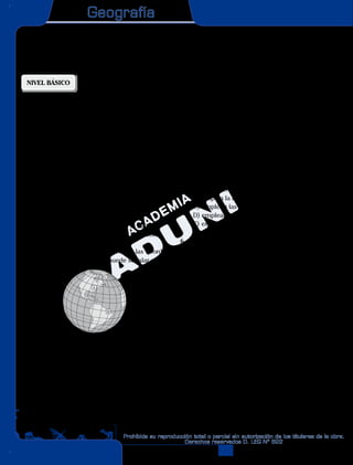 Geografía
2
Prohibida su reproducción total o parcial sin autorización de los titulares de la obra.
Derechos reservados D. LEG Nº 822
NIVEL BÁSICO
1.	 ¿Qué características corresponden a los para-
lelos?
	 I.	 Tienen plano horizontal.
	 II.	 Se reducen en tamaño conforme se alejan
del ecuador.
	 III.	Todos pueden ser círculos máximos.
	 IV.	Indican la longitud en un mapa.
A)	solo I 	 B)	I y II			 C)	I, II y III
D)	I, II, III y IV						 E)	II y III
2.	 Dos lugares ubicados en un mismo meridiano
tendrían en común
A)	la latitud.	 B)	la longitud.	C)	la altitud.
D)	el clima.						 E)	la estación.
3.	 En el siguiente gráfico, respecto a las coorde-
nadas del punto A y B, se puede señalar que
3
NIVEL BÁSICO
1. ¿Qué características corresponden a los para-
lelos?
I. Tienen plano horizontal.
II. Se reducen en tamaño conforme se alejan
del ecuador.
III. Todos pueden ser círculos máximos.
IV. Indican la longitud en un mapa.
A) solo I B) I y II C) I, II y III
D) I, II, III y IV E) II y III
2. Dos lugares ubicados en un mismo meridiano
tendrían en común
A) la latitud. B) la longitud. C) la altitud.
D) el clima. E) la estación.
3. En el siguiente gráfico, respecto a las coorde-
nadas del punto A y B, se puede señalar que
A
B
A) A y B tienen la misma hora.
B) A y B tienen la misma estación.
C) A tiene igual clima que B.
D) las horas de B son más adelantadas que las
de A.
E) A y B se encuentran en el hemisferio este.
4. La distancia angular de un punto cualquiera
respecto al ecuador se denomina
A) latitud. B) altitud. C) longitud.
D) coordenada. E) paralelo.
5. La Tierra presenta una forma esférica. Para
poderla representar en una superficie plana
como un mapa, se
A) emplean las proyecciones.
B) emplea la leyenda.
C) emplean las coordenadas.
D) emplean las líneas geodésicas.
E) emplean las curvas de nivel.
6. La proyección que se utiliza para representar
toda la Tierra en un solo plano es denominada
A) cilíndrica de Mercator.
B) polar.
C) acimutal.
D) cónica de Lambert.
E) universal.
NIVEL INTERMEDIO
7. Indique las características correspondientes a
los meridianos.
I. Tienen como único plano al eje terrestre.
II. Pueden formar círculos máximos al unirse
en los polos.
III. Se pueden trazar infinitos.
IV. Indican la latitud en un mapa.
A) solo I B) I y II C) I, II y III
D) I, II y IV E) I, II, III y IV
Cartografía
REPASO ESPECIAL SAN MARCOS ADE
A)	A y B tienen la misma hora.
B)	A y B tienen la misma estación.
C)	A tiene igual clima que B.
D)	las horas de B son más adelantadas que las
de A.
E)	A y B se encuentran en el hemisferio este.
4.	 La distancia angular de un punto cualquiera
respecto al ecuador se denomina
A)	latitud.
B)	altitud.
C)	longitud.
D)	coordenada.
E)	paralelo.
5.	 La Tierra presenta una forma esférica. Para
poderla representar en una superficie plana
como un mapa, se
A)	emplean las proyecciones.
B)	emplea la leyenda.
C)	emplean las coordenadas.
D)	emplean las líneas geodésicas.
E)	emplean las curvas de nivel.
6.	 Se define a ............... como la relación de pro-
porción o equivalencia entre la realidad y su
representación.
A)	la escala
B)	la curva de nivel
C)	la latitud
D)	la proyección
E)	las coordenadas geográficas
7.	 En un mapa, cuya escala es 1: 5 000 000, cada
km representa a
A)	50 m de la realidad.
B)	500 m del terreno.
C)	500 km del terreno.
D)	5 km de la realidad.
E)	50 km de la realidad.
Cartografía
 