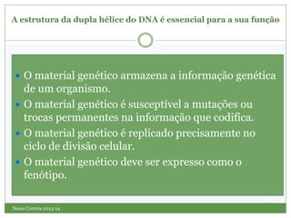  O material genético armazena a informação genética
de um organismo.
 O material genético é susceptível a mutações ou
trocas permanentes na informação que codifica.
 O material genético é replicado precisamente no
ciclo de divisão celular.
 O material genético deve ser expresso como o
fenótipo.
Nuno Correia 2013-14
A estrutura da dupla hélice do DNA é essencial para a sua função
 