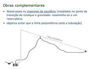 Obras complementares
• Stand-pipes ou chaminés de equilíbrio (instalados no ponto de
transição de recalque e gravidade: assemelha-se a um
reservatório.
• objetiva evitar que a linha piezométrica corte a tubulação)
 