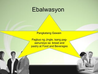 Ebalwasyon
Pangkatang Gawain
Pagbuo ng Jingle, isang pag-
aanunsiyo sa bread and
pastry at Food and Beverages
 
