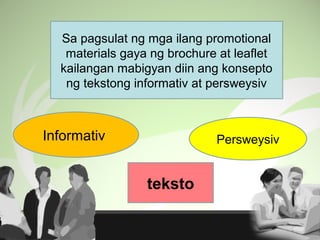 Sa pagsulat ng mga ilang promotional
materials gaya ng brochure at leaflet
kailangan mabigyan diin ang konsepto
ng tekstong informativ at persweysiv
Informativ Persweysiv
teksto
 