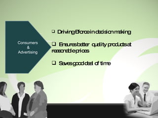 Consumers  & Advertising  Driving –force in decision making  Ensures better  quality products at reasonable prices Saves good deal of time  