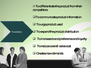 Functions To differentiate the product from their competitors To communicate product information To urge product used To expand the product distribution  To increase brand preference and loyalty To reduce overall sales cost Creates new demands 