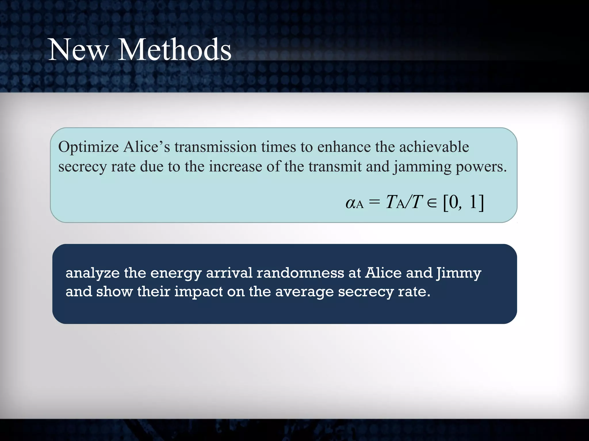 New Methods
Optimize Alice’s transmission times to enhance the achievable
secrecy rate due to the increase of the transmit and jamming powers.
αA = TA/T [0∈ , 1]
analyze the energy arrival randomness at Alice and Jimmy
and show their impact on the average secrecy rate.
 